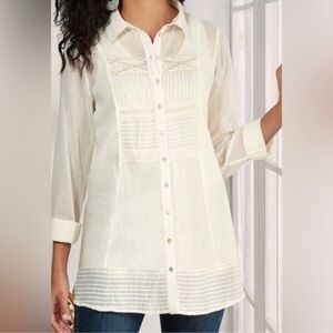 Soft Surroundings Pleated Lace Accent Button Up embroidered Tunic Blouse PL